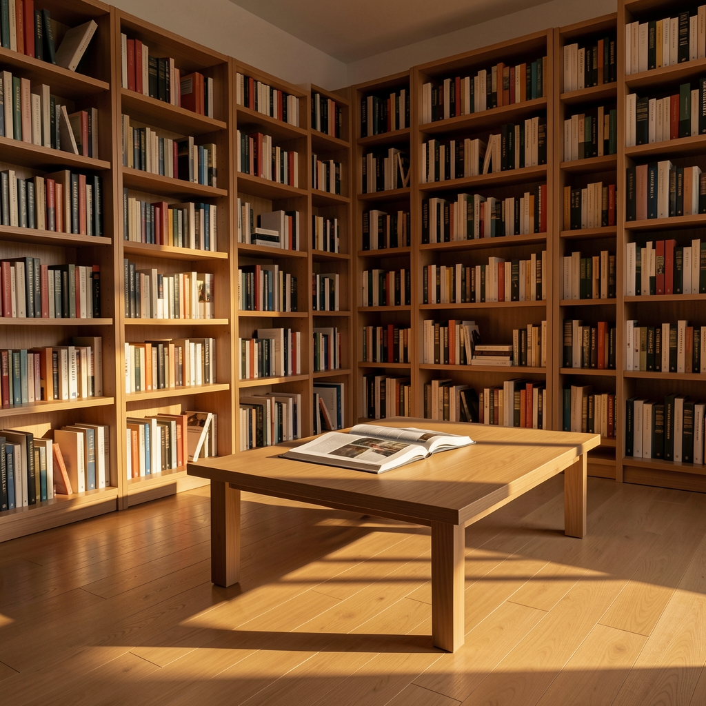Quiet reading room with warm floor-to-ceiling bookshelves, a low wooden table with an open book, and late-afternoon sunlight casting long diagonal shadows across the floor