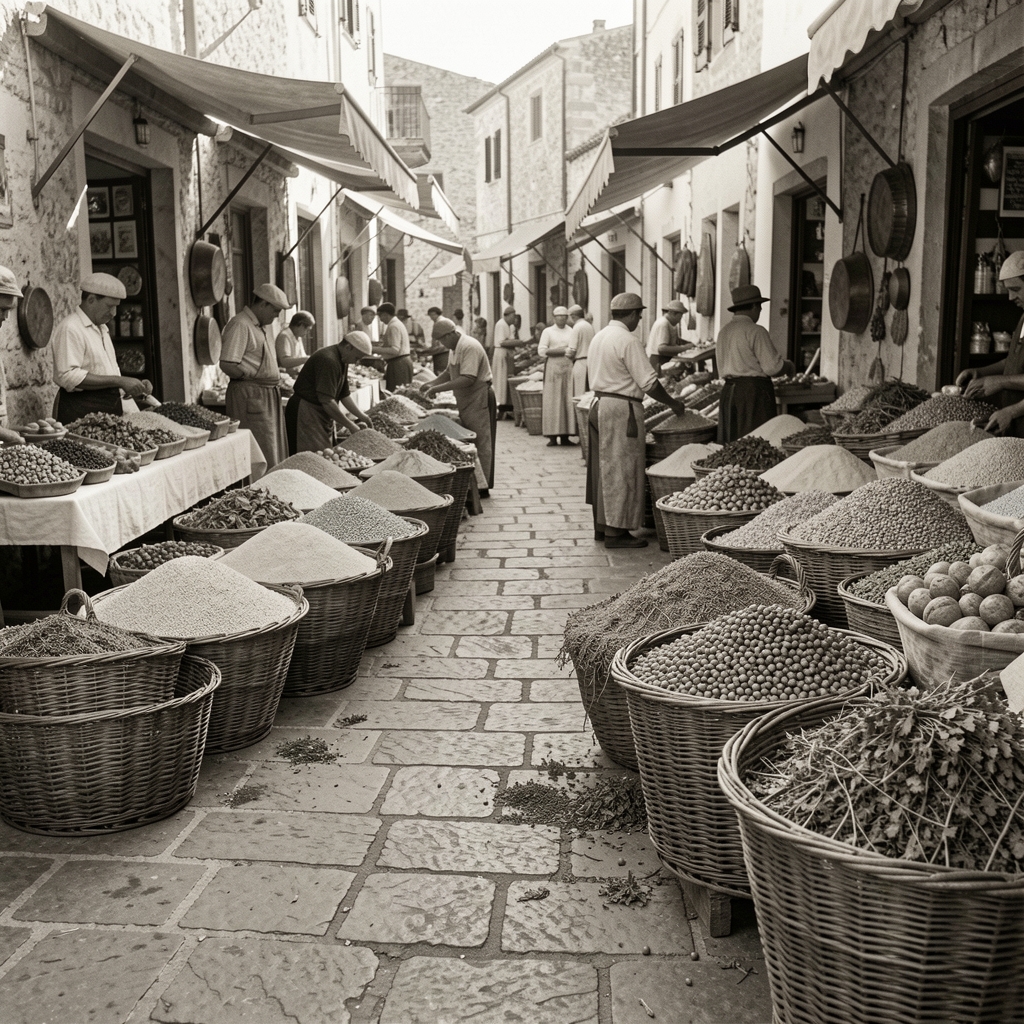 Black-and-white archival photograph of a traditional Mediterranean outdoor food market with wide baskets of grains, legumes, and dried herbs on stone-paved ground