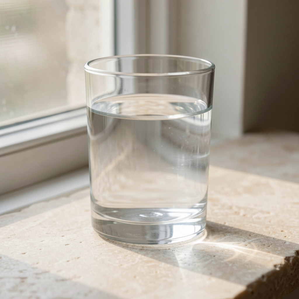 Close-up of a tall clear glass of water with slices of lemon and a sprig of mint on a white marble surface in bright natural morning light with soft reflections