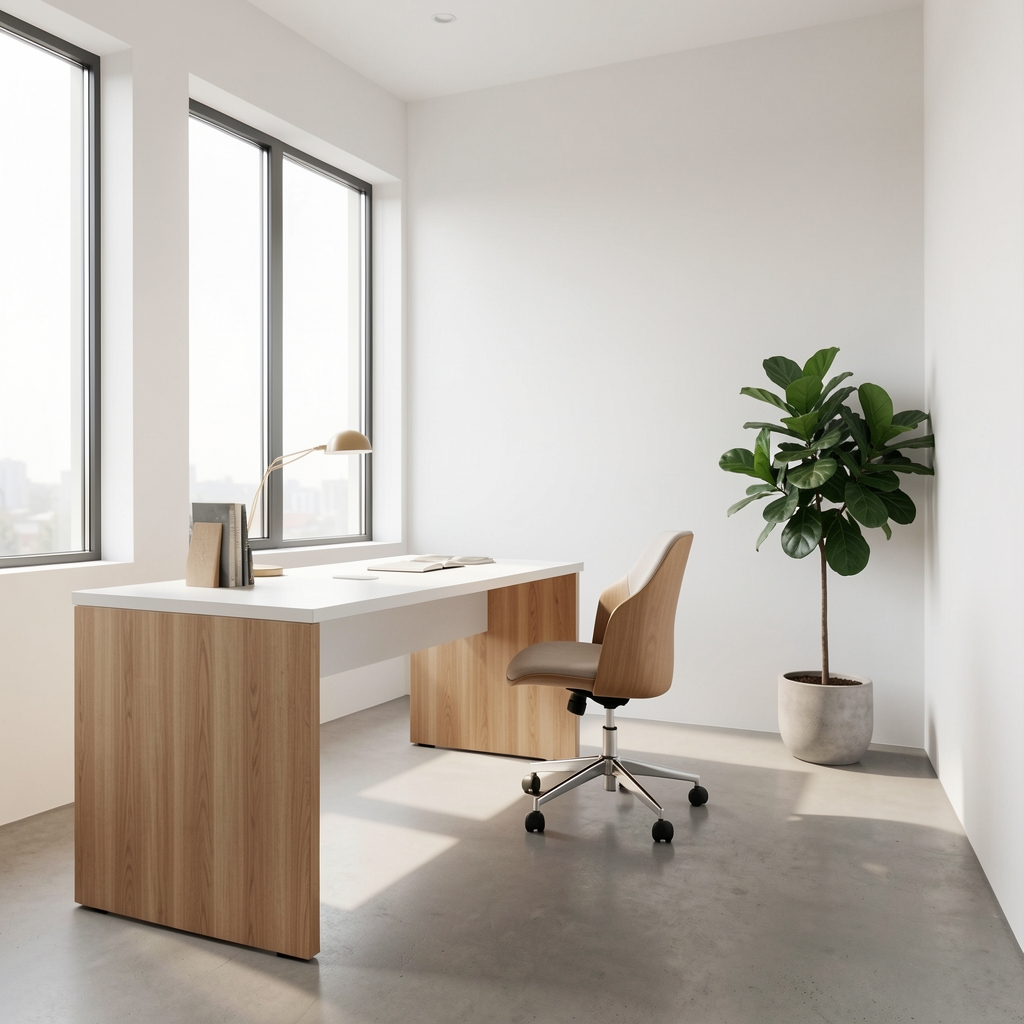 Interior view of a minimal light-filled editorial workspace with a clean white desk, natural wood accents, large windows, and a potted plant in the corner