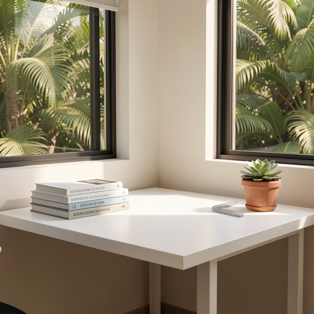 Sunlit open-plan office corner with a white writing desk, a neat stack of reference books, a small potted succulent, and a window overlooking green tropical foliage