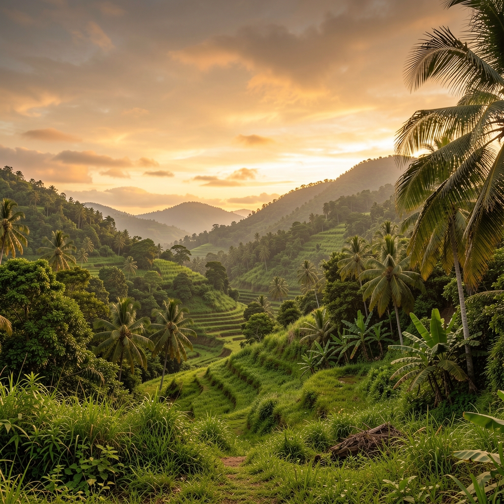 Panoramic view of a serene tropical landscape at golden hour with lush green hills, warm amber sky, and calm natural surroundings evoking stillness and depth
