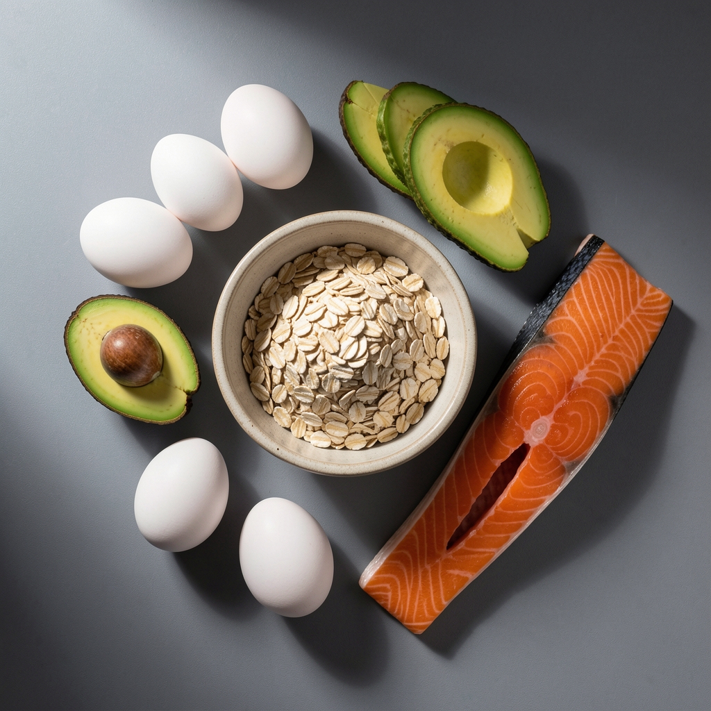 Top-down flat lay of whole eggs, sliced avocado, oats in a ceramic bowl, and a fillet of salmon arranged on a matte grey surface with dramatic directional lighting