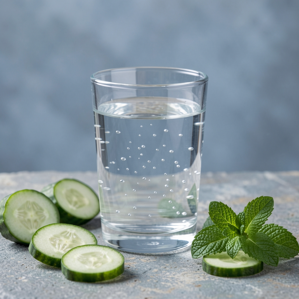 Crystal-clear glass of water with small air bubbles on a stone surface, surrounded by sliced cucumber and mint leaves, with cool blue-grey background tones