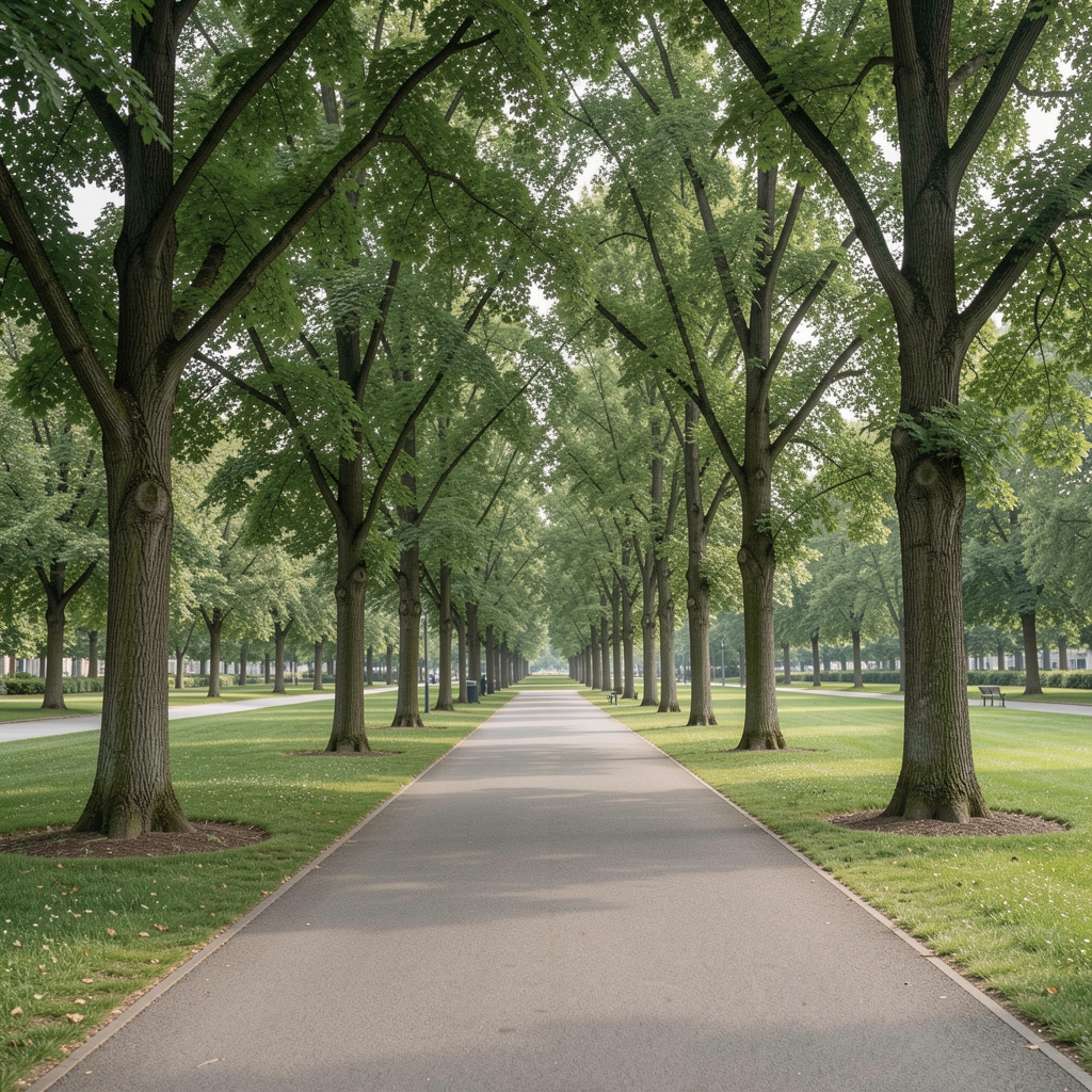 Wide-angle photograph of a clean urban park with tall mature trees, a paved pathway, and soft diffused daylight creating a calm open-air atmosphere